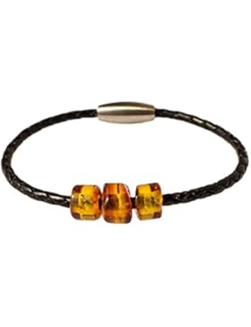 AmberConnections Unisex Naturleder Armband mit 3 Bernsteinen, geflochten, schwarz