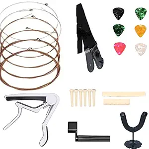 MUSTANG Musicals Guitar Accessories combo of 1 Guitar wall stand,1 Guitar capo,1 Guitar Strap,6 White pins,1 Saddle,1 Nut,1 pcs String winder,1 Set of Guitar strings have 6 string,10 Guitar Picks