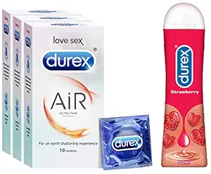 Durex Condoms - 10 Count (Pack of 3, Air) and Durex Play Lubricant Gel, Saucy Strawberry - 50 ml