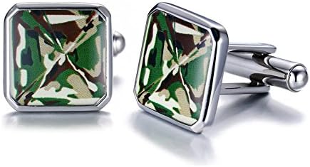 Vnox Men's Stainless Steel Green Camouflage Navy Wedding Cufflinks Camo Inlay Square Army Cuff Studs