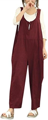 Hmeng Women Loose Jumpsuit Solid Color Overalls Sleeveless Pockets Wide Legs Casual Dungarees Playsuit Rompers (XL, Red)
