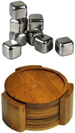 Healthpro Bar Coaster Cube Package, Includes 5 Piece Organic Moso Bamboo Heavy Duty Round Coaster Set And 8 Piece Tuscani Stainless Steel Reusable Ice Cubes with Tongs