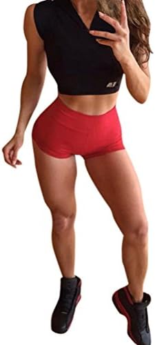 Fuibo Women's Summer Pants Women's Sports Fitness Training Workout Waistband Thin Yoga Short Pants [Leggings], red
