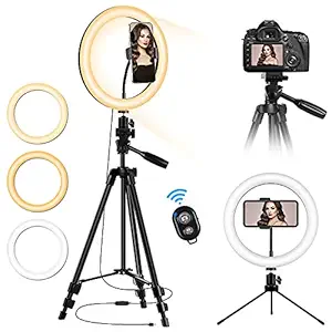 LED Ring Light 10?? with 2 Adjustable Tripod Stand and Phone Holder for Selfie and Video Shooting, TBJSM Dimmable Desktop Ring Light for Makeup and Live Streaming