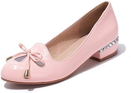 AgooLar Women's Patent Leather Solid Pull On Round Closed Toe Low Heels Pumps-Shoes, Pink, 43