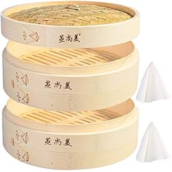 Hcooker 2 Couches Cuisine Panier à Vapeur en Bambou pour la Cuisson Asiatique Brioches Boulettes Légumes Poisson Riz