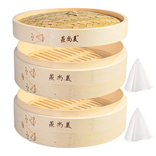 Hcooker 2 Couches Cuisine Panier à Vapeur en Bambou pour la Cuisson Asiatique Brioches Boulettes Légumes Poisson Riz
