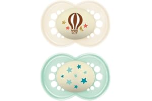 MAM Original Night Succhietto 16+ Mesi (Set da 2), Ciuccio MAM 16 36 mesi che si illumina al buio con tettarella in caucciù, Kit da 2 accessori neonato con porta ciuccio sterilizzatore, Neutro/Verde