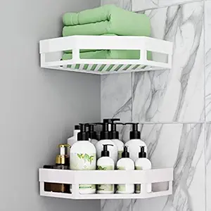 Bathroom Accessories Kitchen Bathroom Shelf Wall Holder Storage Rack Bathroom Organizer Rack Storage Box Strong Adhesive Sticker Shower Rack Shelf Bathroom Corner (White, 2 Corner)