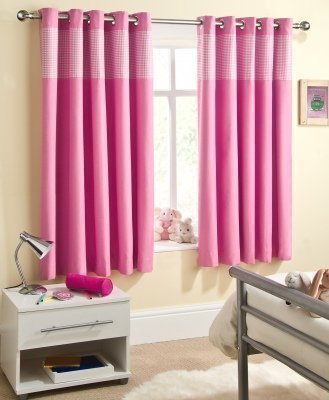 Ready Made Eyelet Thermal Blackout Curtains with Gingham Check Detail Panel. Baby Pink 117cm (46") x 183cm (72")