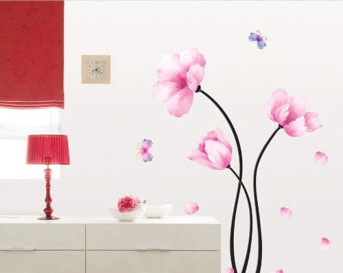 ufengke® Rosa Kamelie Blumen und Schmetterlinge Wandsticker,Wohnzimmer Schlafzimmer Entfernbare Wandtattoos Wandbilder - 4