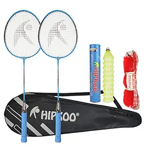 Hipkoo Sports Entire Aluminum Badminton Rackets Set of 2| Wide Body Shuttle Bat with Cover, 10 Shuttles and Net| Ideal for Beginner| Lightweight and Sturdy