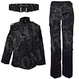 QMFIVE Combat Tactique, Camouflage Camouflage pour Hommes Combat BDU Veste Chemise et Pantalon avec Ceinture Uniforme Guerre Jeu Armée Militaire Paintball Airsoft Chasse Tir Camo
