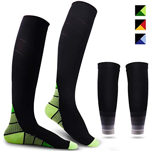 REIDAY Calcetines de compresión,Medias de compresión,1 Pares Medias y 1 Pare Mangas de Pantorrilla,Calentadores de Pantorrilla de Compresión Graduada (Verde, L/XL)