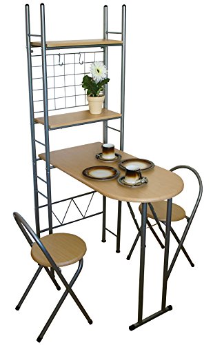 Küchentisch mit Regal und 2 Stühlen, klappbar, Holz