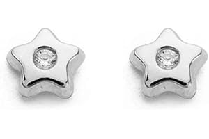 MONDE PETIT Pendientes de Bebe/Niña Oro Blanco 9 kts. Estrella con centro de circonita - Estuche Regalo - Certificado de Garantía - Mondepetit