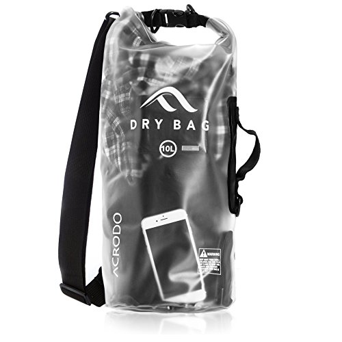 Acrodo Impermeable Bolsa Seca Transparente 10 - 20 Liter Flotante para Paseos en Bote, Camping, y Kayak con Correa para el Hombro - Mantiene Sus pertenencias personales, Black - Transparent