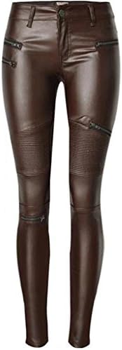 Wgwioo Womens Disco High Waisted Skinny Zipper Pocket Leggings Pants Pu Leather Stretchy Slim Pencil Trouser . Coffee . 40