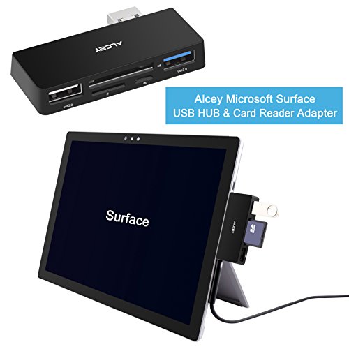 Alcey Microsoft Surface USB HUB 3.0 und 2fach Kartenleser 4 in 1 Adapter – SD/SDHC/MMC4.0, Micro SD/SDHC, USB 3.0 Anschluss, Hub mit optionalem Micro USB Eingang