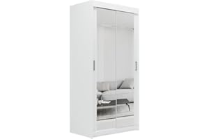 ELUKS SKY Double Sliding Doors Wardrobe with Mirror Drawers Furniture for Bedroom Living Room and Hall Wardrobe Organizer Width 100cm/120cm/150cm/180cm/200cm (White, 100cm+ 2 drawers)