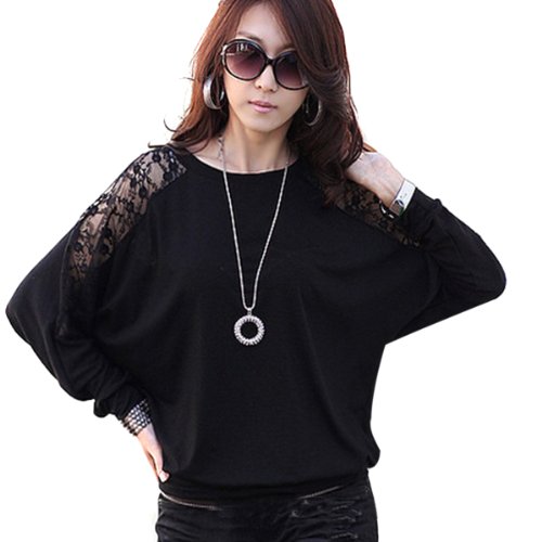 Hee Grand Women Stylish Sexy Loose Batwing Dolman Lace Top T-shirt Chinese L Black