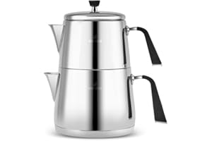 Karaca Fiona Set de Théière Turque en Acier Inoxydable, Bouilloire 2L, Théière 1L, Poignées Résistantes à la Chaleur, Finition Poli, Turkish Teapot & Caydanlik, Compatible Induction, Noir