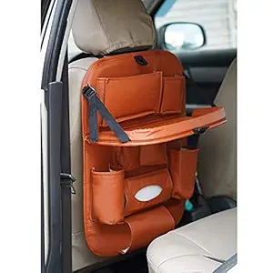 Aksmit 3D Car Back seat PU Leather Car Storage Organizer with Meal Tray and 9 Storage Pockets(Tan) for Toyota Innova Type 4 (2014-2015)