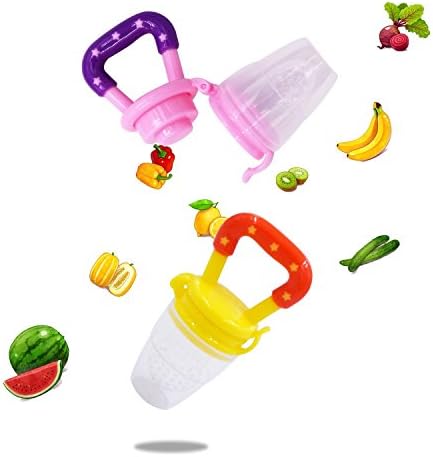 Baby Silicone Teething Toy-Fresh Fruit Food Feeder Soother with Handgrip Baby Food Bag Baby Teether with Nipple Food Infant Feeding Toys with Teat-Pacifier for Boys and Girls-2 PCS (Pink,Yellow)