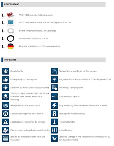 VILSTEIN© Elektrische Fußbodenheizung (1,5m² – 3m lang / 0,5m breit) Elektro Fußboden-Heizmatte 150W/m² für Fliesen-boden Fußboden-Heizsystem Elektrisch inkl. Thermostat TWIN Technologie Komplett-Set - 4