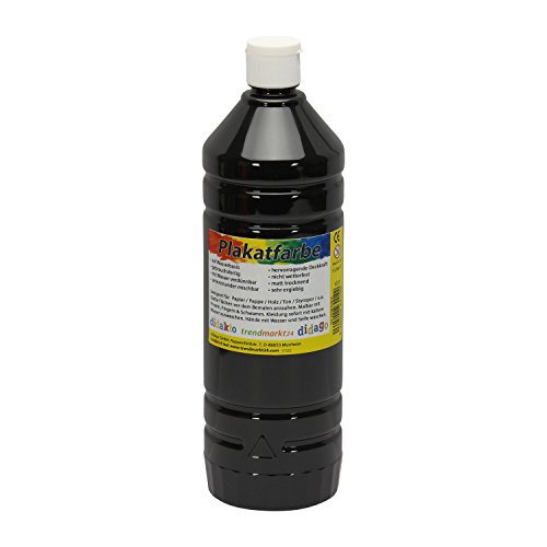 Plakatfarbe Einzelflasche schwarz, matte Farbe, 1 Liter / 1000ml ✓ Temperafarbe auf Wasserbasis ( wasserlöslich / abwaschbar ) ✓ Schulmalfarbe / Kindergartenfarbe farbintensiv und gut deckend ✓ schwarze Malfarbe wasserlöslich / auswaschbar ✓ Allzweckfarbe ✓ Kindermalfarbe / Kinderfarbe wasserverdünnbar ✓ Künstlerfarbe / flüssige Wasserfarbe für kreative Kunstwerke ✓ 1l Schulfarbe zum Bemalen von Holz / Glas / Papier uvm. ✓ ab 3 Jahren | trendmarkt24 - 1609