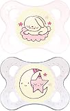 MAM Night Glow in the Dark Soothers Suitable 0 months + with Sterilisable Travel Case (Pack of 2, Pink/White)