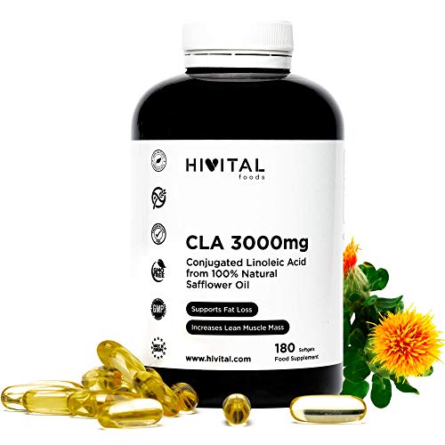 CLA Acide Linoléique Conjugué 3000 mg par dose | 180 capsules d'huile végétale de Carthame 100% naturelle | Pour perdre du poids et augmenter la croissance musculaire naturellement