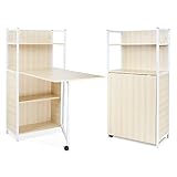HOMFA Mesa extensible con estantes Mesa multimedia Escritorio de la computadora plegable con compartimentos Color madera clara