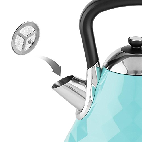 Klarstein • Curacao Azur • Wasserkocher • Teekocher • Pyramide-Design • 1,7 Liter • 2200 Watt • kabellos • Edelstahl • ergonomischer Cool-Touch-Griff • Basisstation mit Kabelaufwicklung • automatische und manuelle Abschaltung • Trockengehschutz • blau - 3