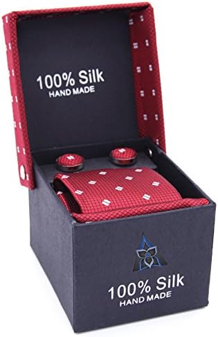 LanSilk Classic Necktie, Cufflink &amp; Handkerchief Selection, Premium Giftbox Set, Handmade 100% Silk (Red Classic with split White Diamond)