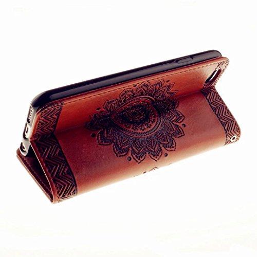 iPhone 6 Hülle, iPhone 6S Schutzhülle, MUTOUREN für iPhone 6 iphone 6S 4.7 Zoll Handyhülle Brieftasche Gürtelhändytasche Bookstyle Wallet Flip Case Lederhülle mit Standfunktion Kartenfach Magnetic lock Ultra dünn Wallet Case Geprägtes Muster Henna Indische Sonne Mandala Rraun + Stylus Pen - 6