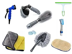 Sacred - Car Cleaning Combo of Tyre Brush/Alloy Brush/Microfiber Cloth 700 GSM 40 x 40 cm/Small Duster/Magic Tablet 2 pcs/Ac Car Cleaner/Nylon Glove / 7 in 1 Water Spray Gun