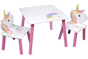 URBNLIVING Kids Wooden Table & 2 Chairs Themed Set Furniture for Play Room Study Desk Toddlers Junior (Unicorn)