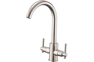 Heable Kitchen Mixer Tap Dual Lever Monobloc Swivel Spout Brushed Nickel Sink Taps Brass with UK Standard Fittings
