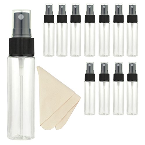 Jmkcoz 12 Satz Sprühflaschen Spielraum Flaschen leer durchsichtigem Kunststoff feinen Nebel Spray-Flaschen 30ml für Reinigung, Reise, Ätherische Öle, Parfüm + 1pc Mikrofaser Reinigungstuch