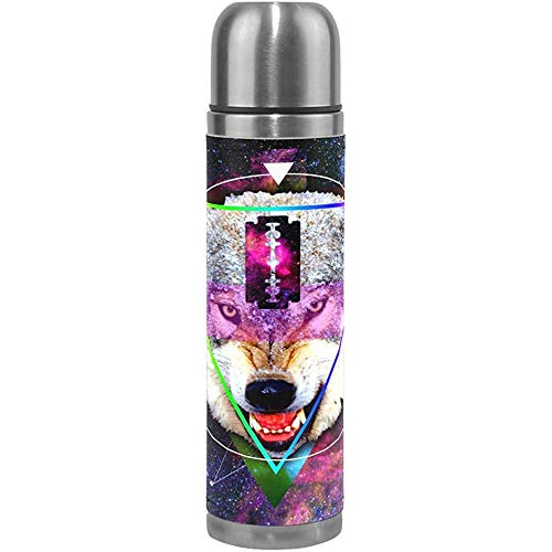 Borraccia Hipster Lupo Moda Viaggio Isolata Bottiglie d'Acqua in Acciaio Inossidabile A Prova di perdite Doppia Parete Thermos Cover in Pelle 500 ML