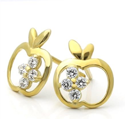 Little Treasures 14 ct Gold Stud Earring White CZ Apple With Accent Yellow Gold Earring W/ Screw-Back For Kids &amp; Teens