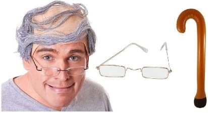 Mens Old Man Grandpa Comb Bald Grey Hair Fancy Dress WIG GLASSES WALKING STICK