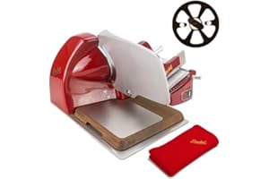 Berkel Aufschnittmaschine Home Line 200 Plus in rot mit Berkel Einlegebrett - Küchenschneidemaschine inkl. Messerabnehmer und Einlegebrett original von Berkel aus Esche - Sonderangebot