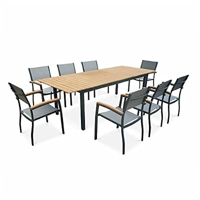 ALICE'S GARDEN Salon de jardin en bois et aluminium Sevilla, grande table 200-250cm rectangulaire avec allonge papillon, textilène gris