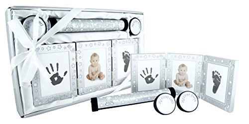 New Baby Unisex Boy Girl Gift 4 Piece Keepsake Set, First Curl Tooth Box, Birth Certificate Holder, Hand and Footprint Prints Kit, Brushed Silver White