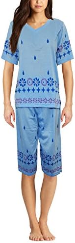 Inspirations Lucky Women's Floral Print 3/4 Bottoms Pyjama Set With Lilac Eye Mask (2XL) Blue