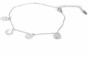 Flowers Cavigliera Donna in acciaio inossidabile con 4 ciondoli portafortuna Gufo, Ferro di Cavallo, Coccinella e Quadrifoglio. Disponibile in 2 colorazioni. Misura regolabile