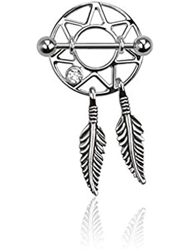 Paula & Fritz® Brustwarzenpiercing aus Edelstahl Chirurgenstahl 316L Traumfänger mit Zirkonia aqua farblos pink...