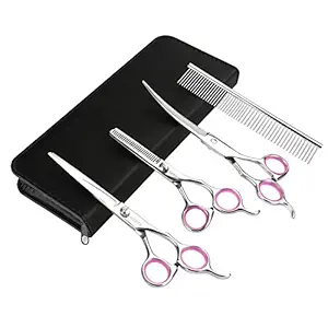 GEMEK Pet Cat Dog Grooming Scissors Set 4 Pieces Stainless Steel Professional Pet Trimmer Kit - 7.5 inch Straight Cutting Scissors, Thinning Shears, Curved Scissors, Grooming Combs